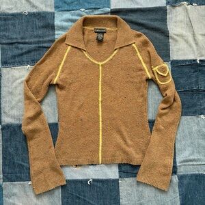 vtg 90s takeout collared contrast stitch utility tan speckled sweater size S